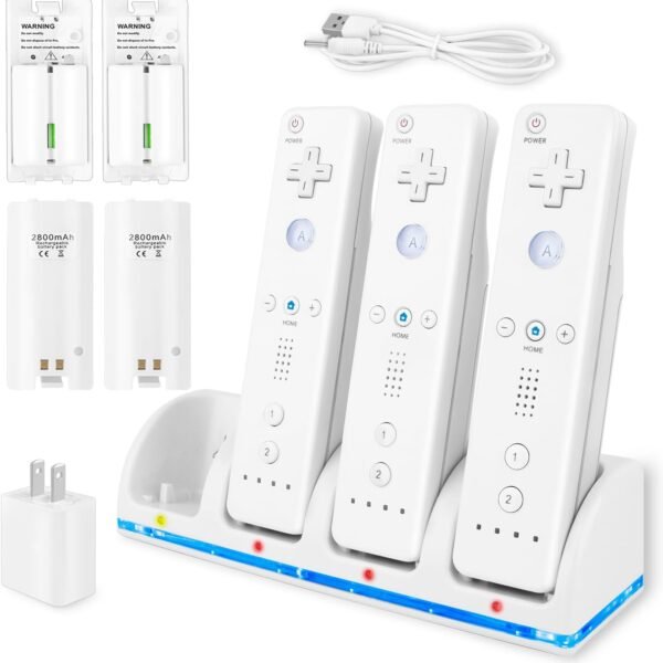 4-in-1 Charger Station for Wii/Wii U Remote Controller, Charging with 4 Pack 2800mAh Rechargeable Battery Pack+4 Port Charging Station+Plugs+USB Cable,Not Include Remote.