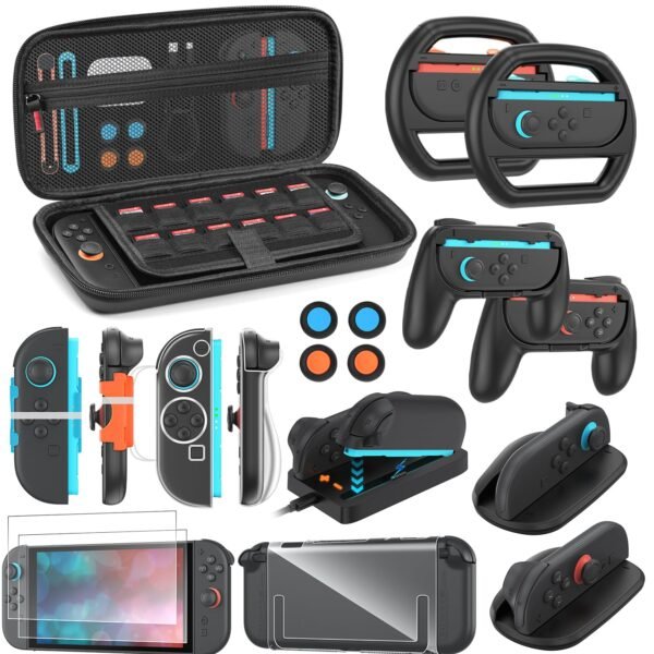 Switch 2 Accessories Bundle for Nintendo Switch 2 (2025): Carrying Case, Console Protective Cover&TPU Grips, HD Screen Protector, Joy-Con Charger, FPS Mouse Grip, 4 x Thumb Grips, Steering Wheel Joycon Grip for Mario Kart, Wrist Straps for Just Dance