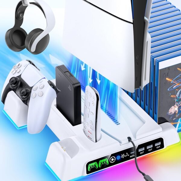 PS5 and P5 Slim Stand for Disc & Digital Console, PS5 Cooling Station with Dual Controller Charging Station for PlayStation 5 Console, 3-Level Fan PS5-/Slim Controller Charger Accessories Stand