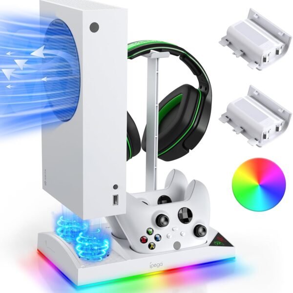 Upgrade RGB Cooling Fan Stand for Xbox Series S Console with 15 Colorful Light, Dual Controller Charging Station & Cooler Base System for Xbox Series S Accessories with 2 *1400mAh Rechargeable Battery